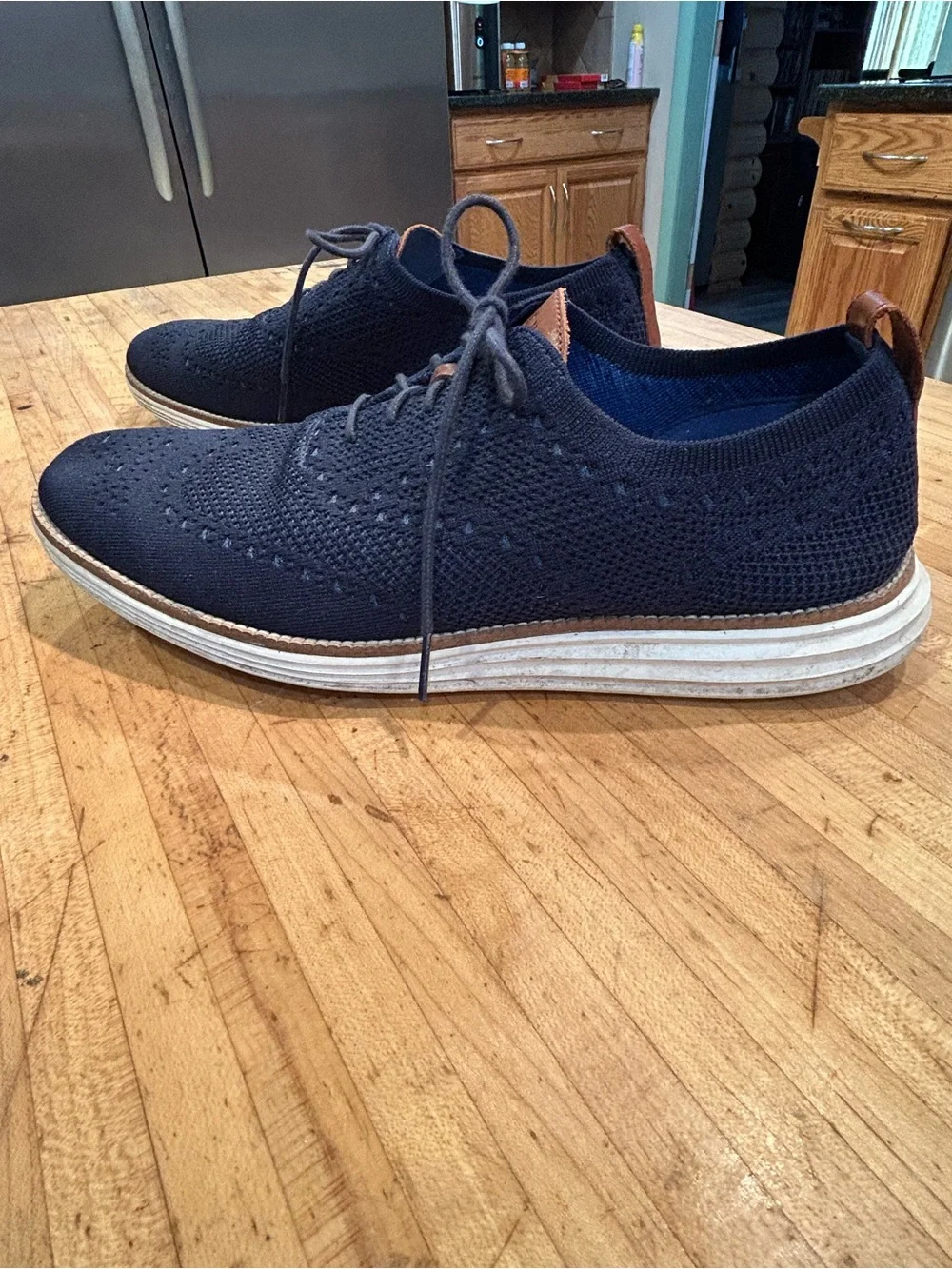 Cole Haan Navy Knit Lace-Up Slip-On Loafers with Tan Accents
